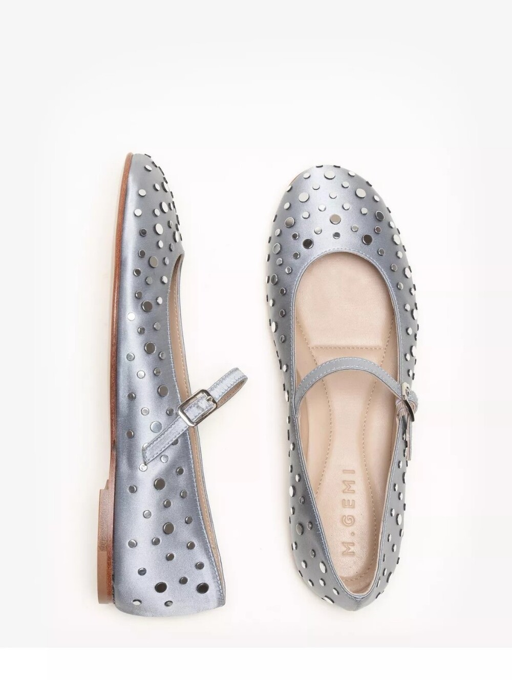 M. Gemi Anastasia Silver Studded Satin Mary Jane Ballet Flats 40.5 US 9.5